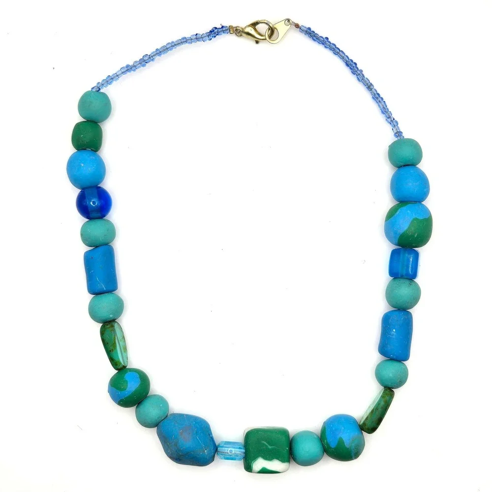 Handmade‎ Blue Green Beaded Necklace Polymer Clay Glass Mixed Media 14 Inch
